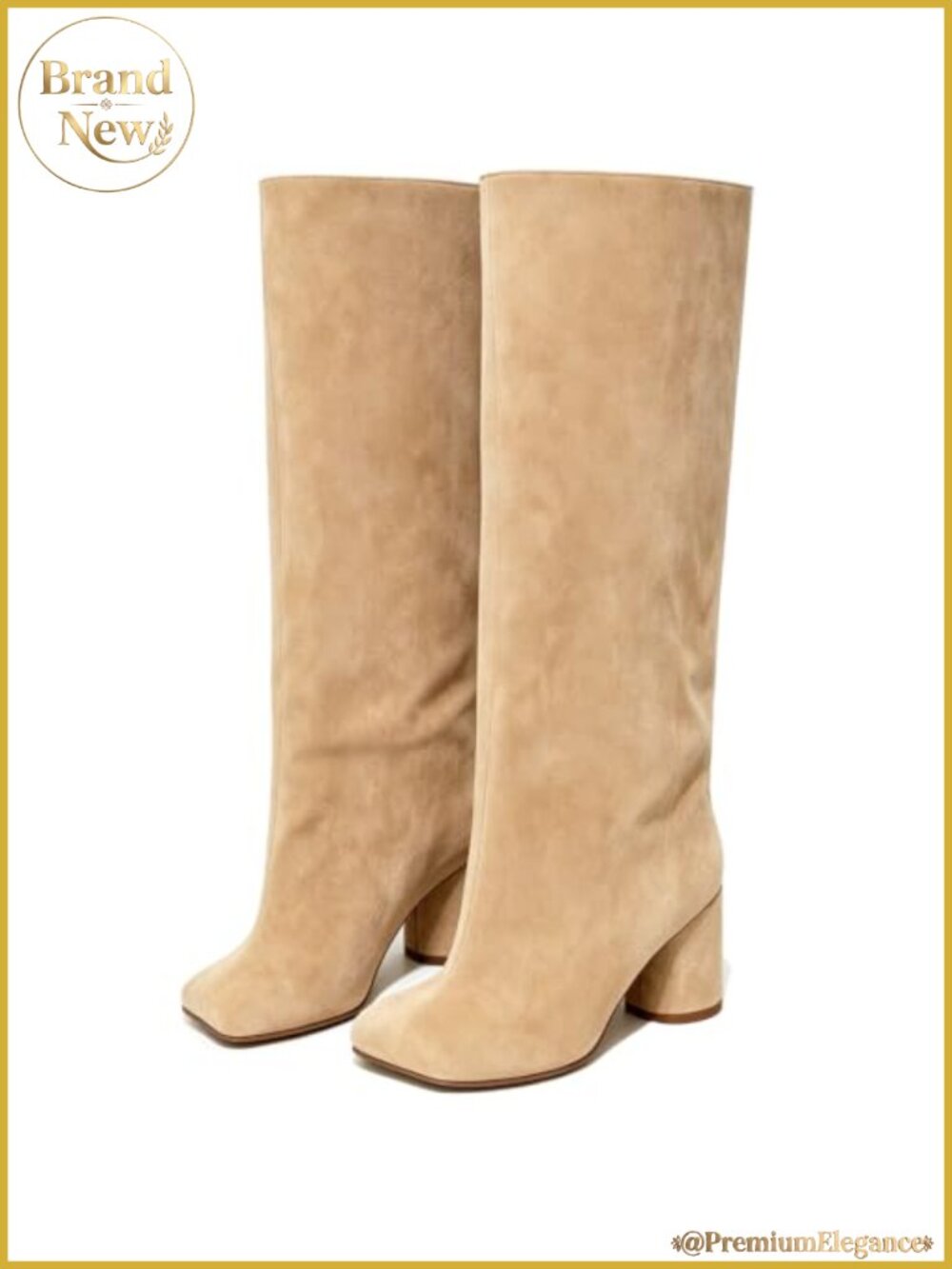 Wide Calf Knee High Boots Chunky Block Heel Square Toe Tall Suede